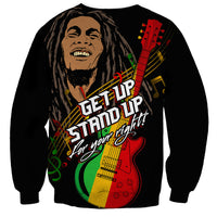 Black sweatshirt with 'Get Up Stand Up' guitar graphic and reggae colors