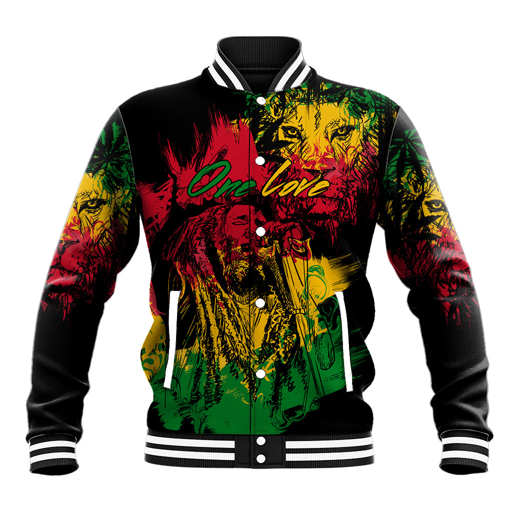 Multicolor lion graphic varsity baseball jacket, black body, striped ribbed collar and cuffs