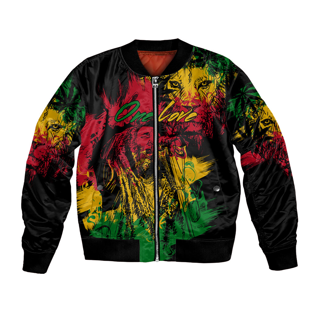 Black unisex bomber jacket with front zip and colorful lion portrait graphic