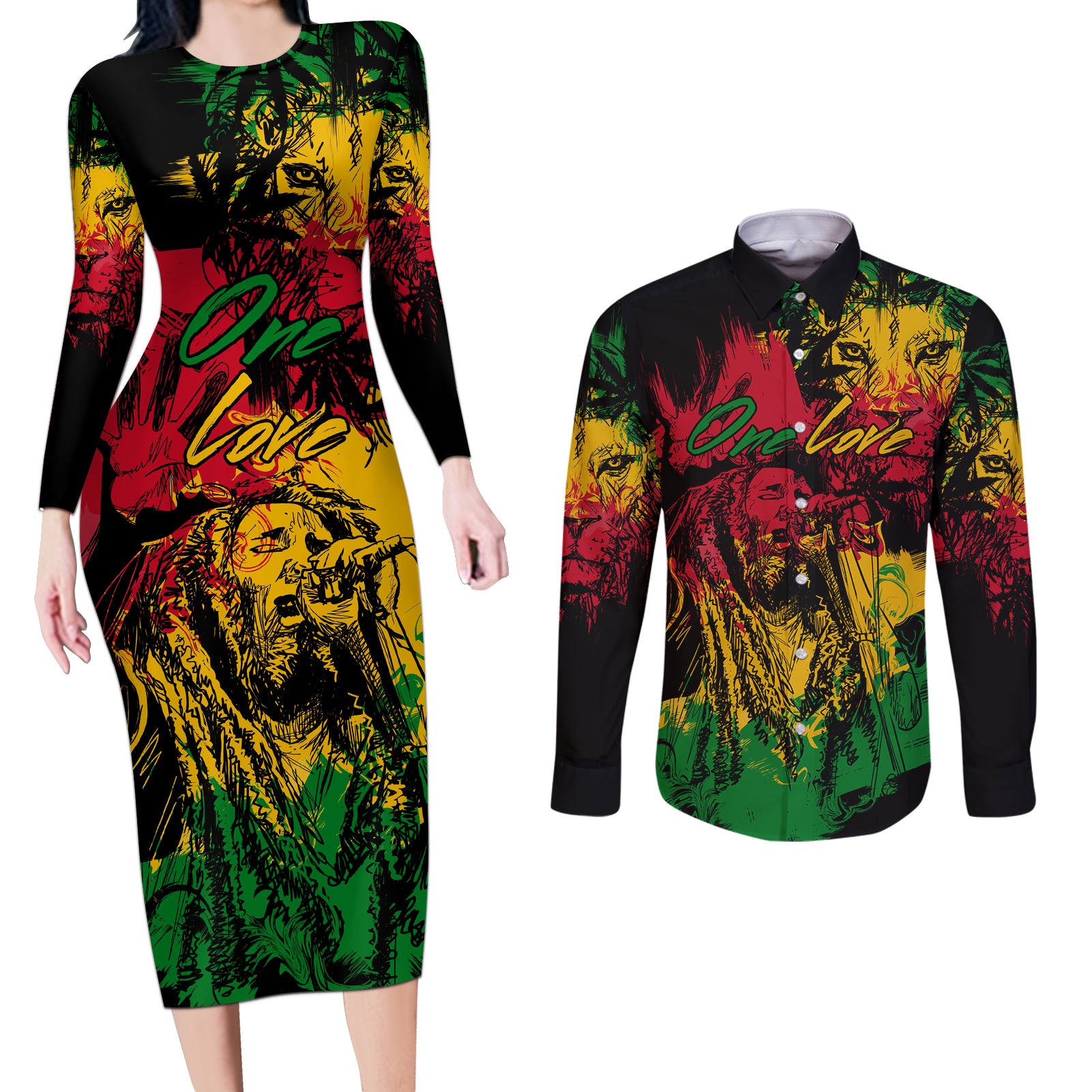 Rastafarian Lion Legend Bob Couples Matching Long Sleeve Bodycon Dress and Long Sleeve Button Shirt Reggae Festival Sketch Portrait LT9 - Wonder Print Shop