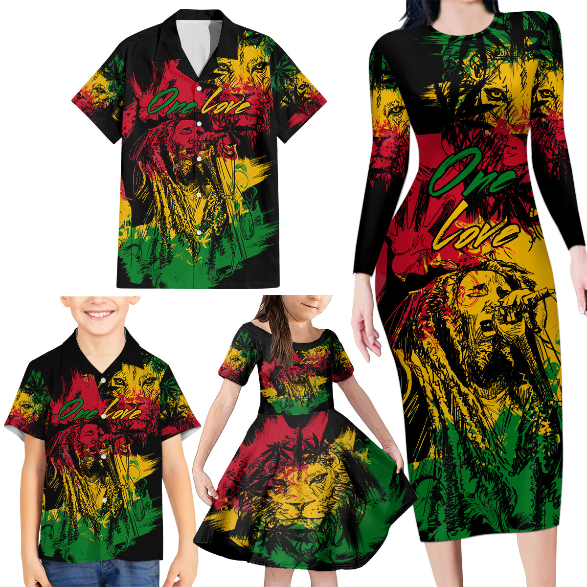 Rastafarian Lion Legend Bob Family Matching Long Sleeve Bodycon Dress and Hawaiian Shirt Reggae Festival Sketch Portrait LT9 - Wonder Print Shop