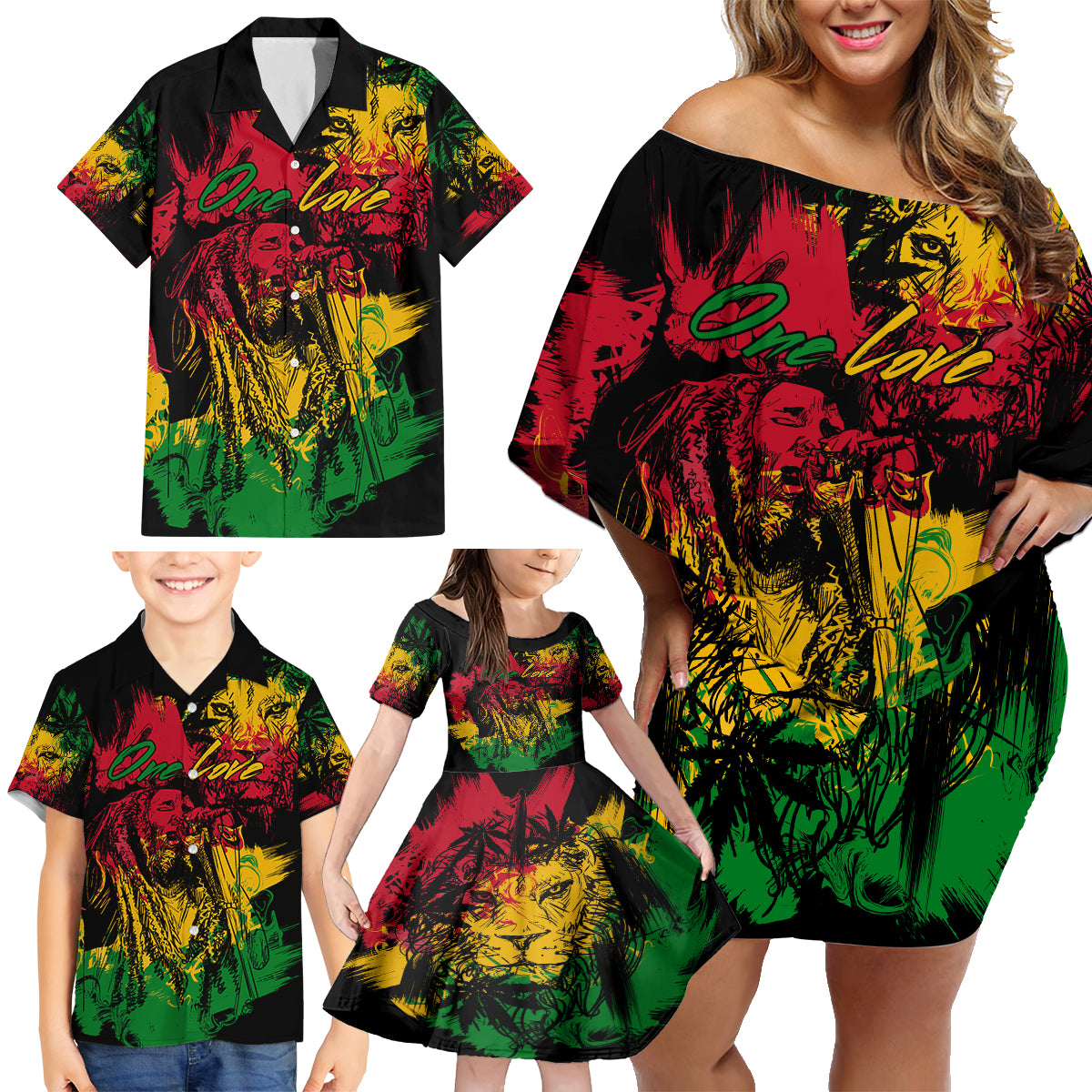 Rastafarian Lion Legend Bob Family Matching Off Shoulder Short Dress and Hawaiian Shirt Reggae Festival Sketch Portrait LT9 - Wonder Print Shop