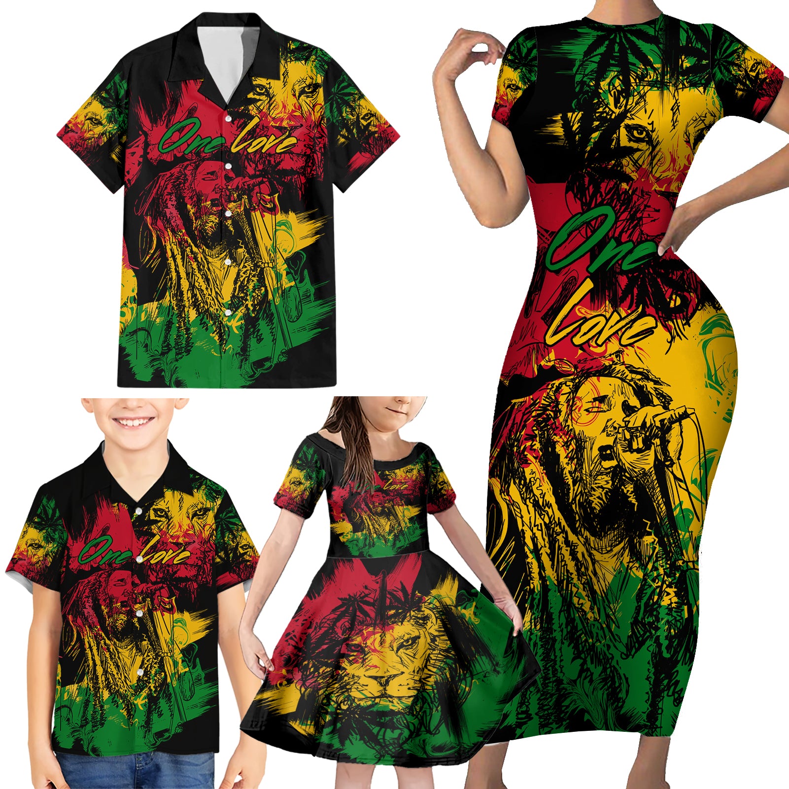 Rastafarian Lion Legend Bob Family Matching Short Sleeve Bodycon Dress and Hawaiian Shirt Reggae Festival Sketch Portrait - Wonder Print Shop