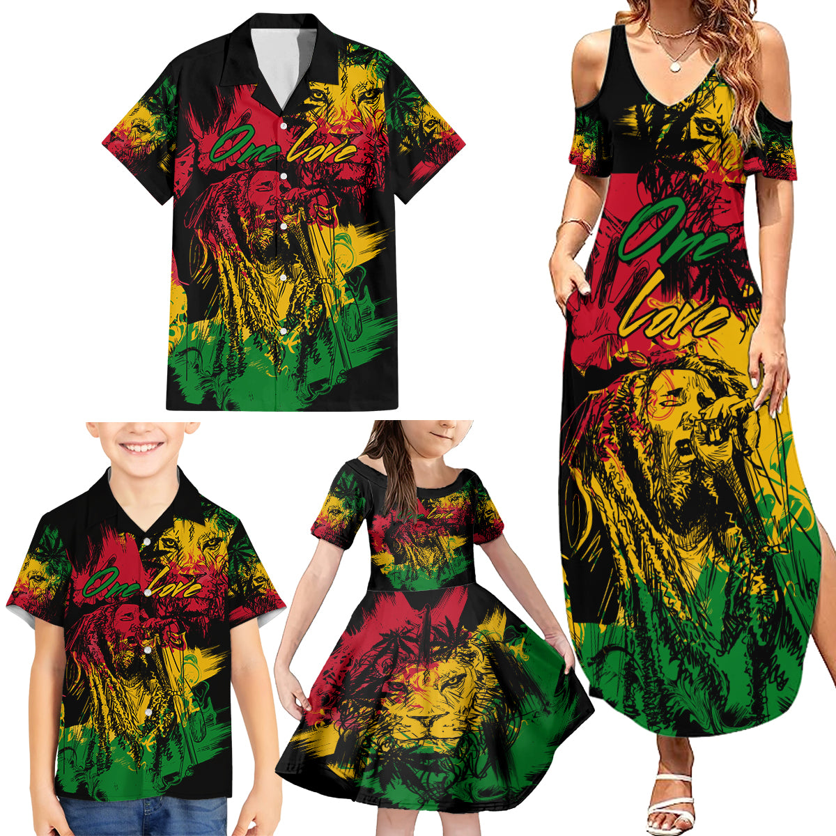 Rastafarian Lion Legend Bob Family Matching Summer Maxi Dress and Hawaiian Shirt Reggae Festival Sketch Portrait - Wonder Print Shop