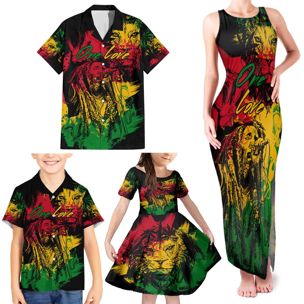 Rastafarian Lion Legend Bob Family Matching Tank Maxi Dress and Hawaiian Shirt Reggae Festival Sketch Portrait - Wonder Print Shop