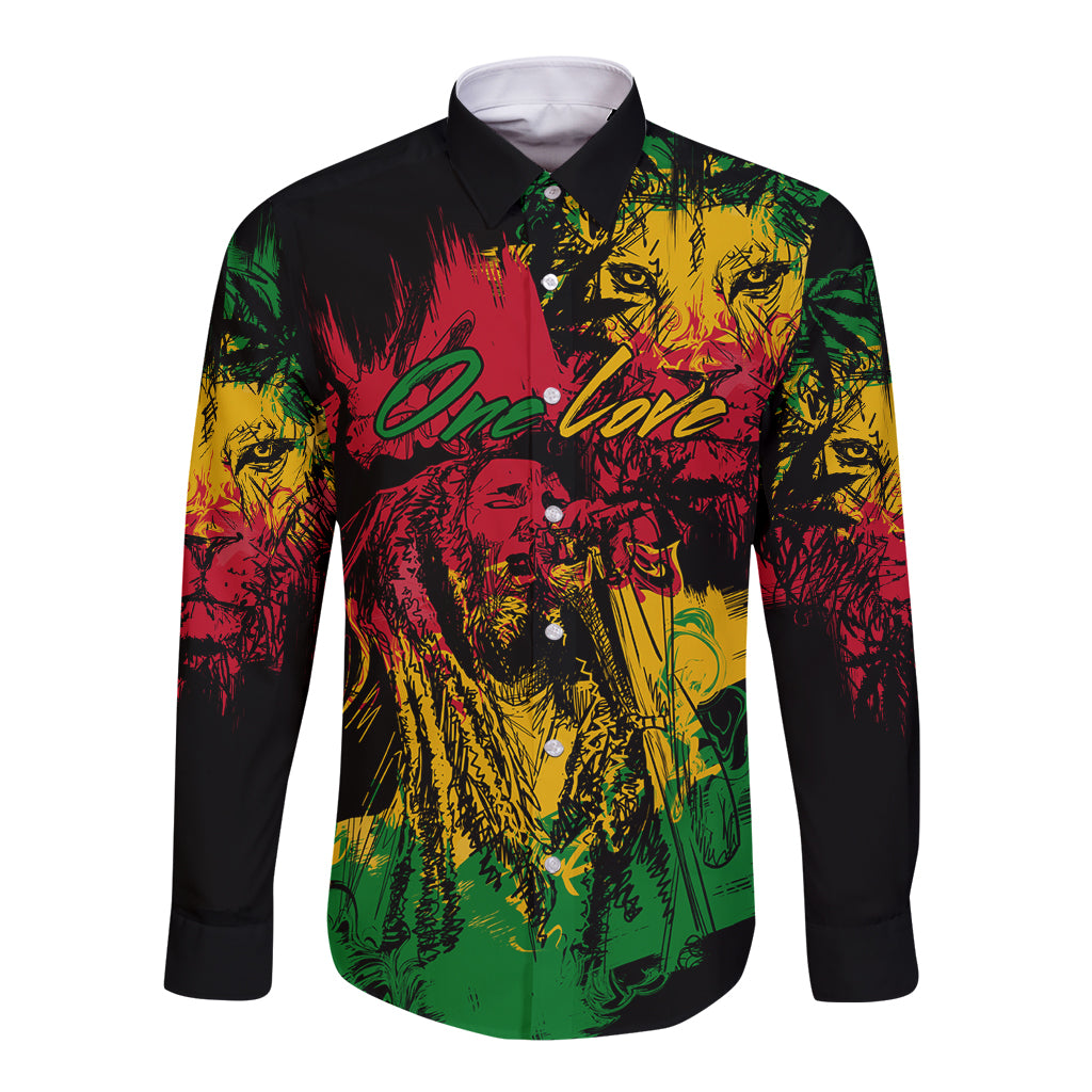 Long-sleeve button shirt with colorful lion/portrait graphic, black sleeves