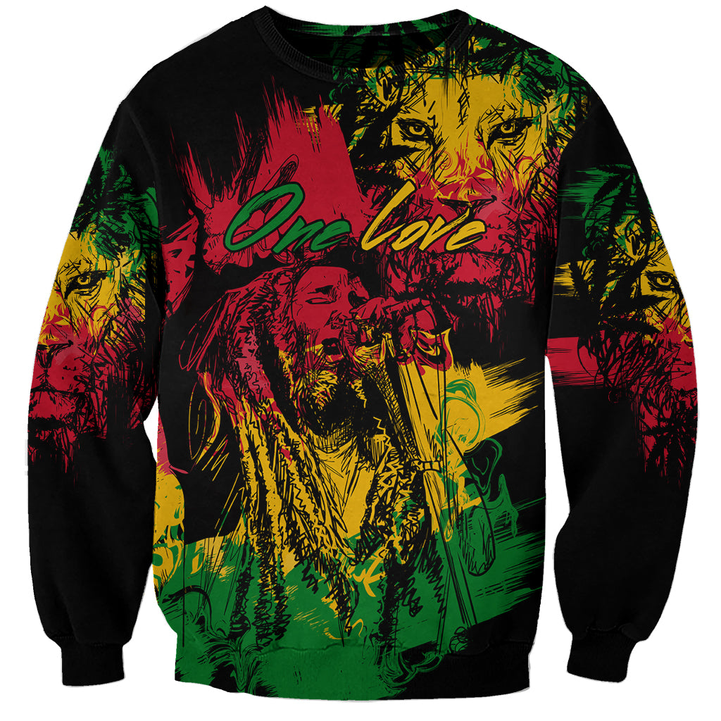 Unisex crewneck sweatshirt with colorful lion sketch portrait and script on black