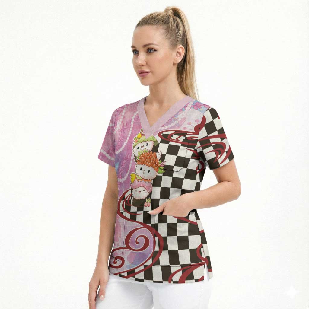 Personalized Japanese Kawaii Sushi Roll Scrub Top Wagara Palaka Pattern