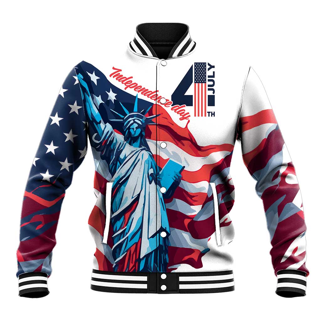 White baseball jacket with varsity collar and Statue of Liberty graphic, zip front