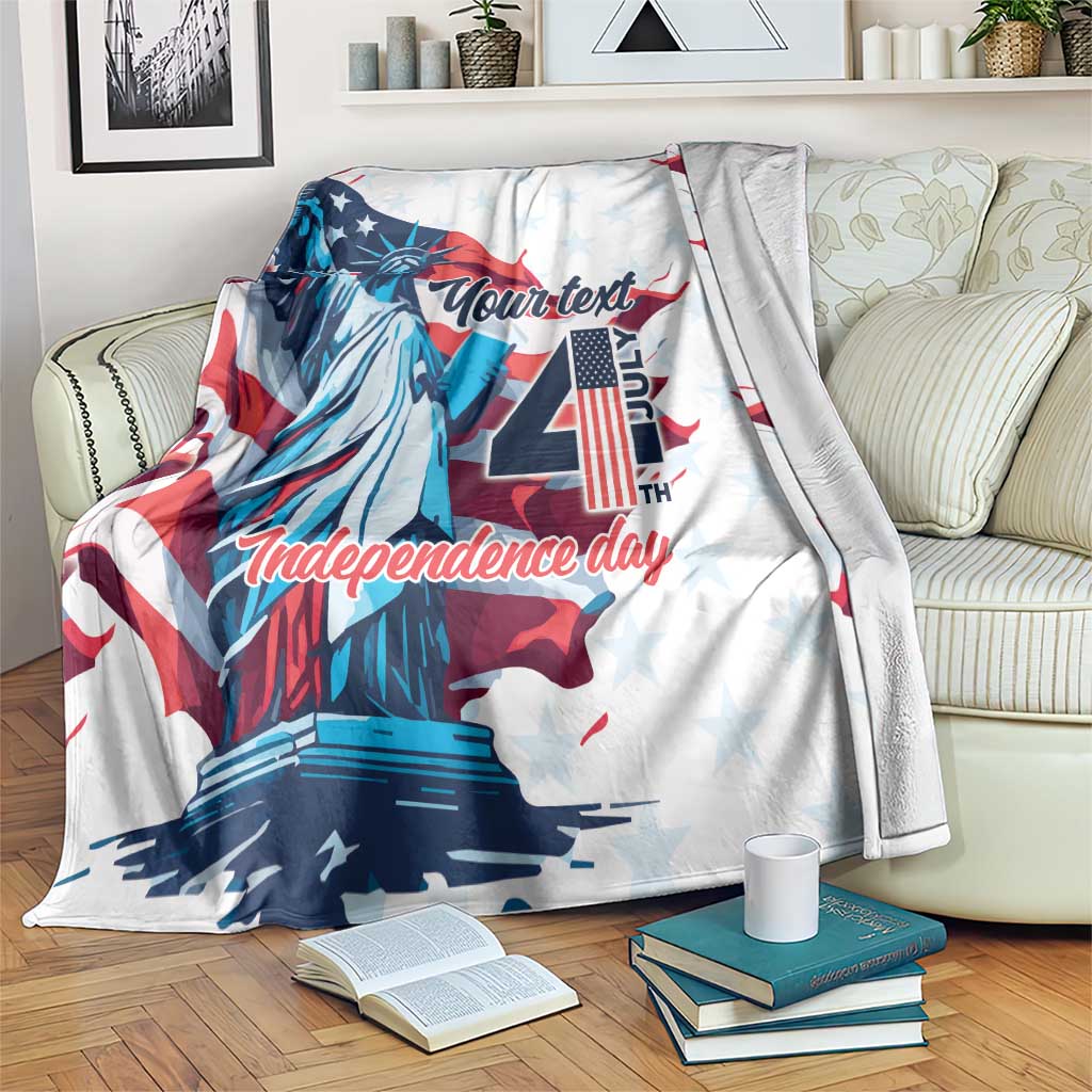 White Independence Day blanket on sofa with Statue of Liberty, “Your text,” and “Independence day”.