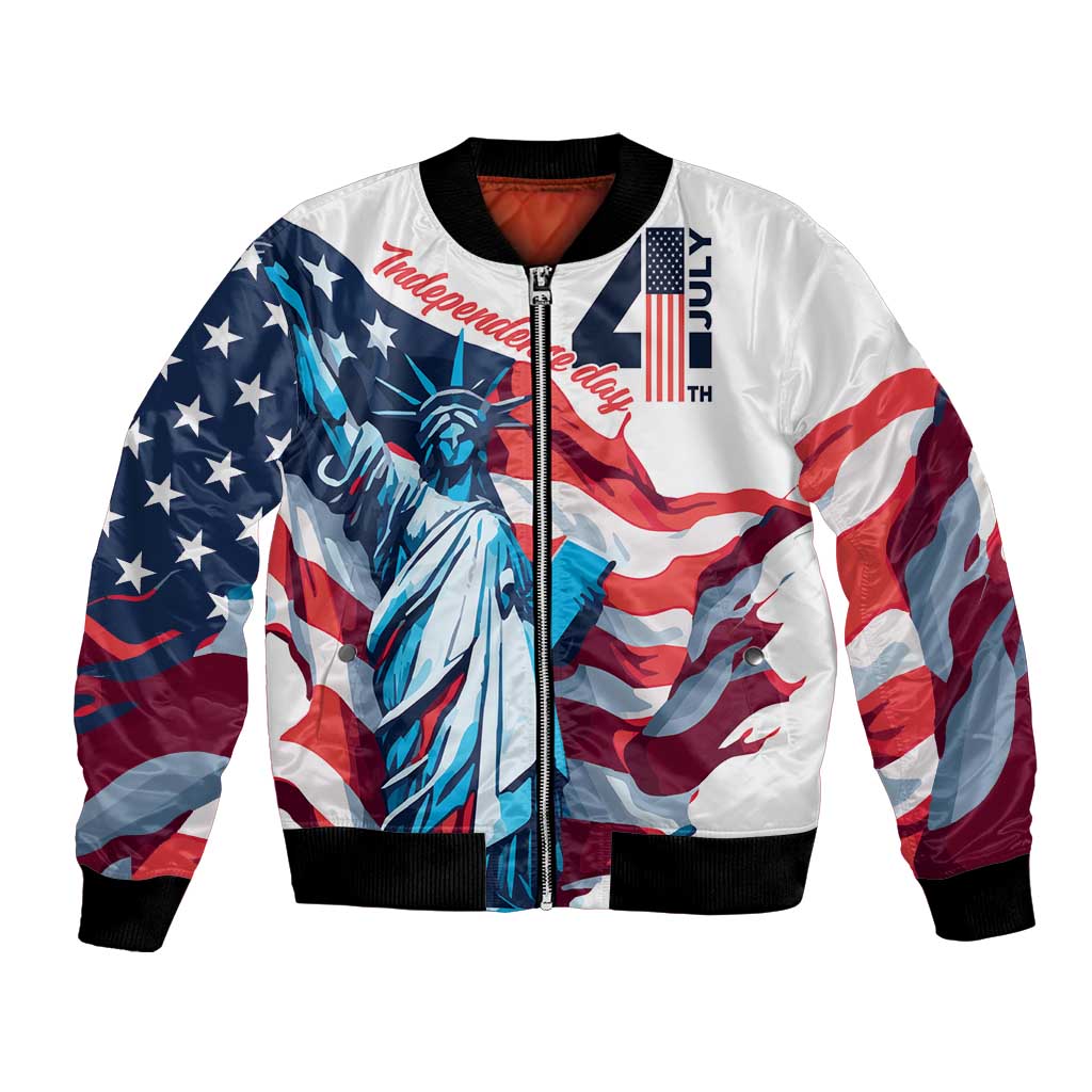 Unisex white bomber jacket with front zip and Statue of Liberty flag graphic