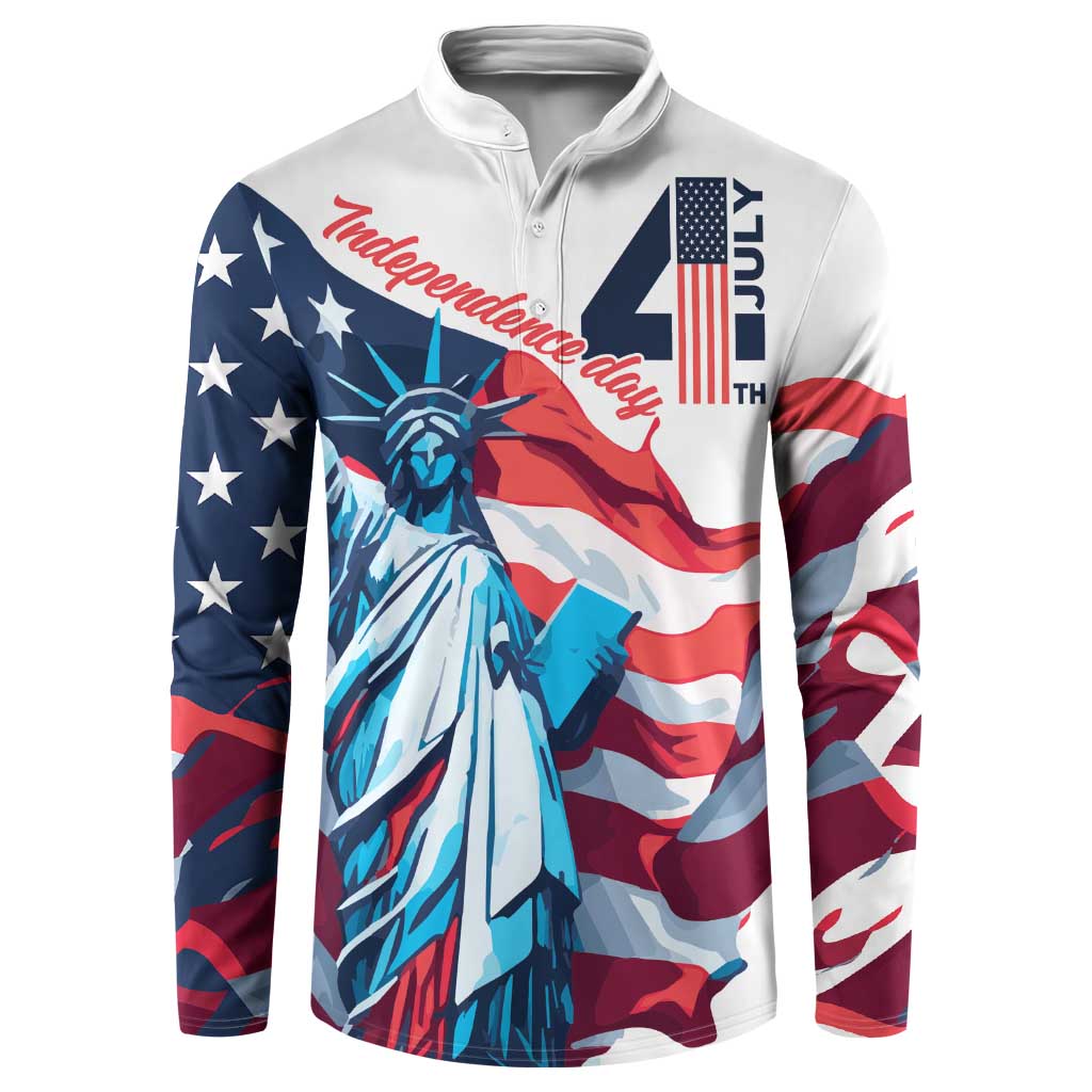White Independence Day button sweatshirt with Liberty statue and 4th July badge print