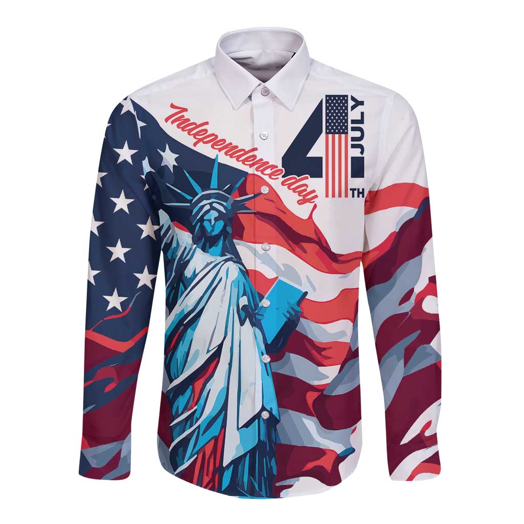 White long-sleeve button-up shirt with Statue of Liberty and waving American flag graphic