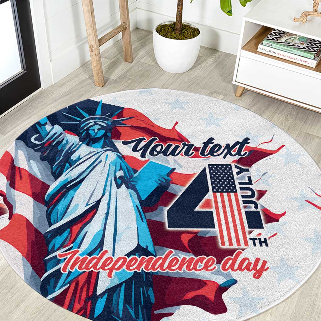 Round Independence Day rug with Statue of Liberty, US flag, and Your text.