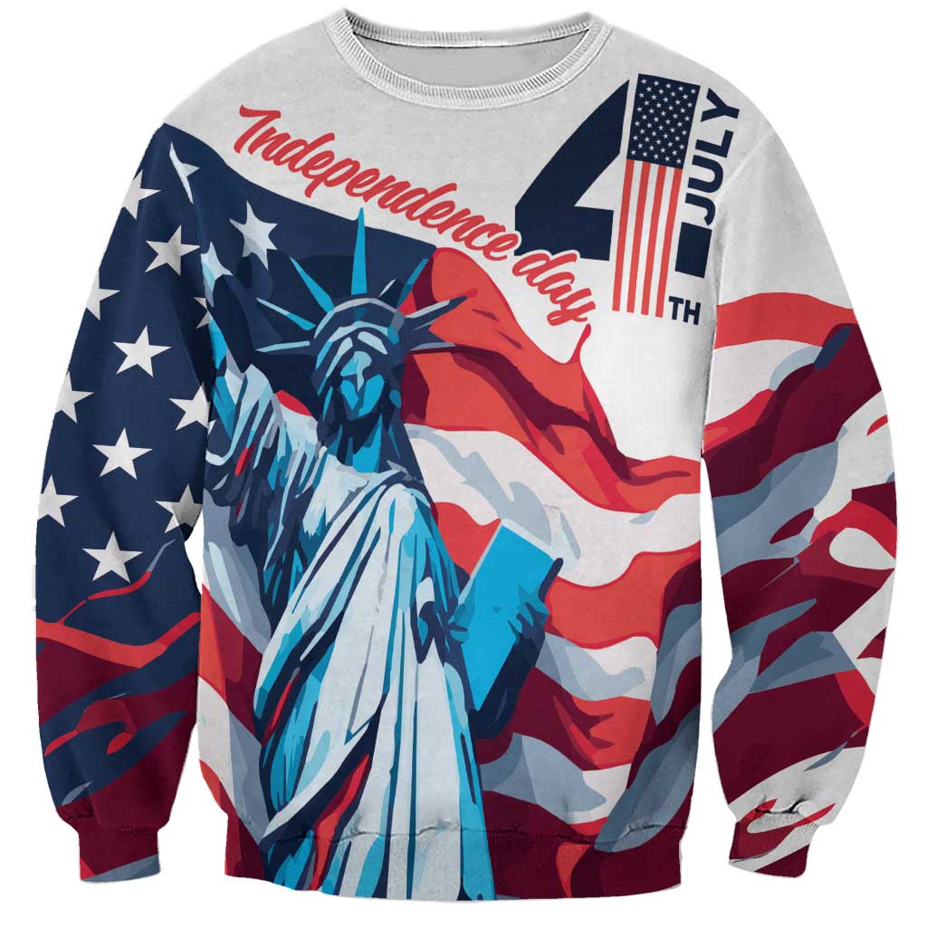 Unisex white sweatshirt with Statue of Liberty and Independence Day flag graphic