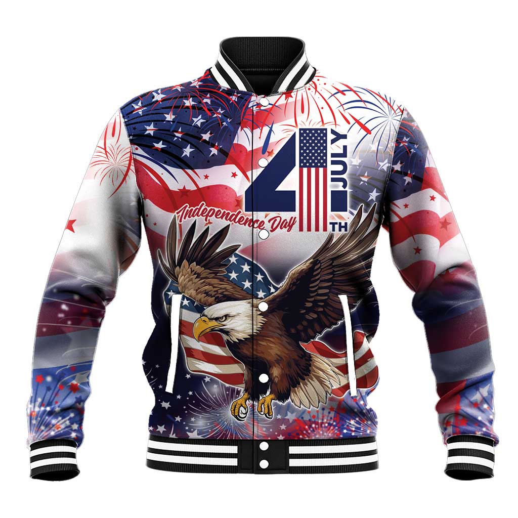 Unisex baseball jacket with eagle and Independence Day graphic, snap buttons, ribbed hem