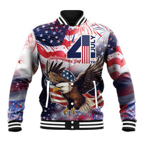 Unisex baseball jacket with eagle and Independence Day graphic, snap buttons, ribbed hem