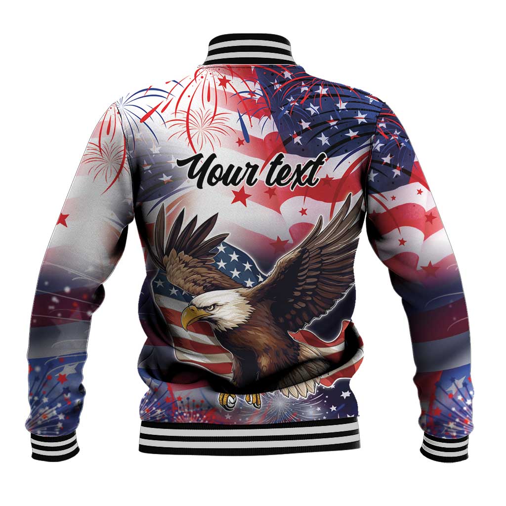 Unisex baseball jacket with eagle graphic and “Your text” on back, ribbed collar and hem