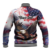 Unisex baseball jacket with eagle graphic and “Your text” on back, ribbed collar and hem