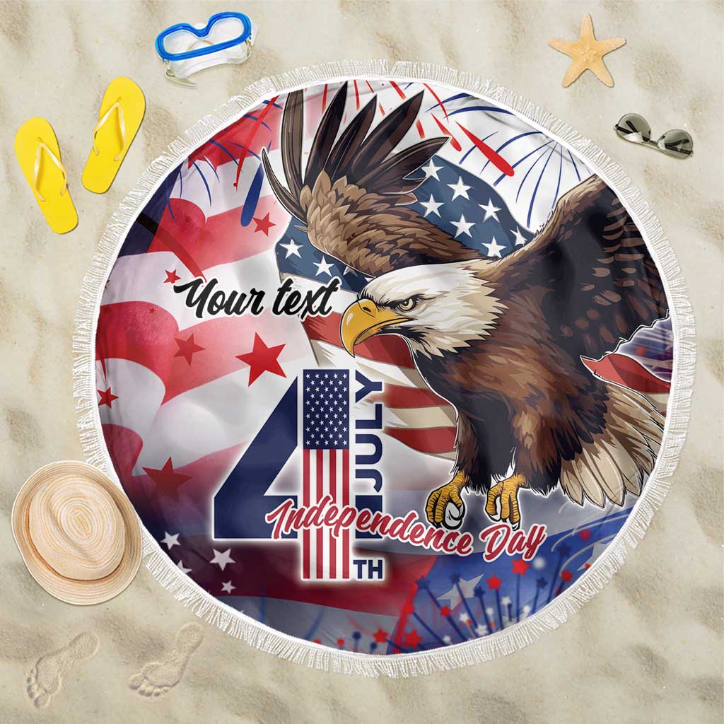 Round white-fringed beach blanket with eagle and star-spangled patriotic design