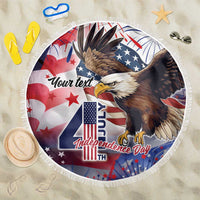 Round white-fringed beach blanket with eagle and star-spangled patriotic design