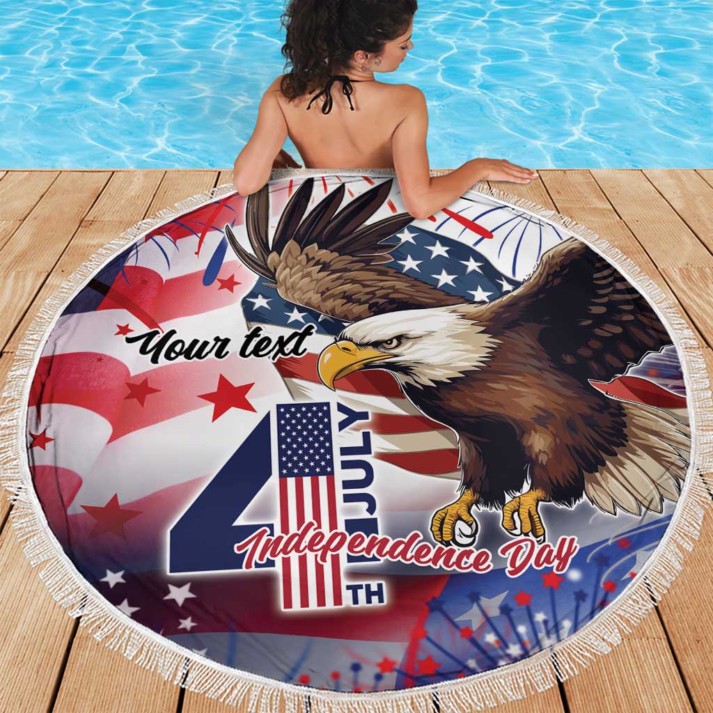 Round beach blanket with eagle and Independence Day lettering on a star background