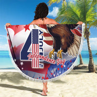 Round beach blanket, eagle and Independence Day lettering, white fringe border