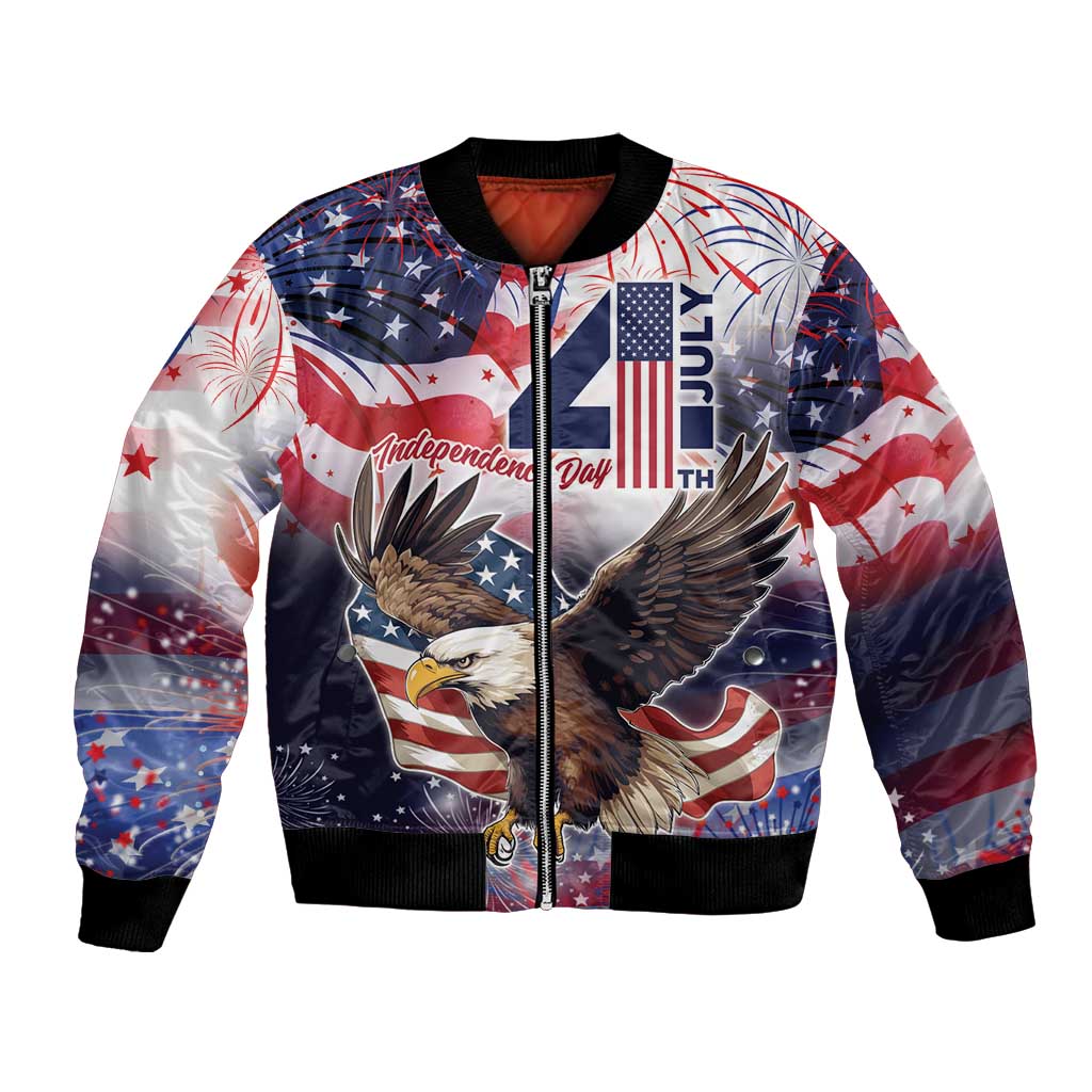 American eagle graphic bomber jacket with zip front and patriotic stars, red white blue