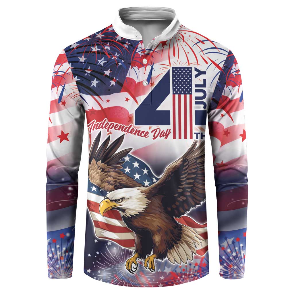 Men's button sweatshirt with USA eagle graphic, stars and fireworks, red white blue