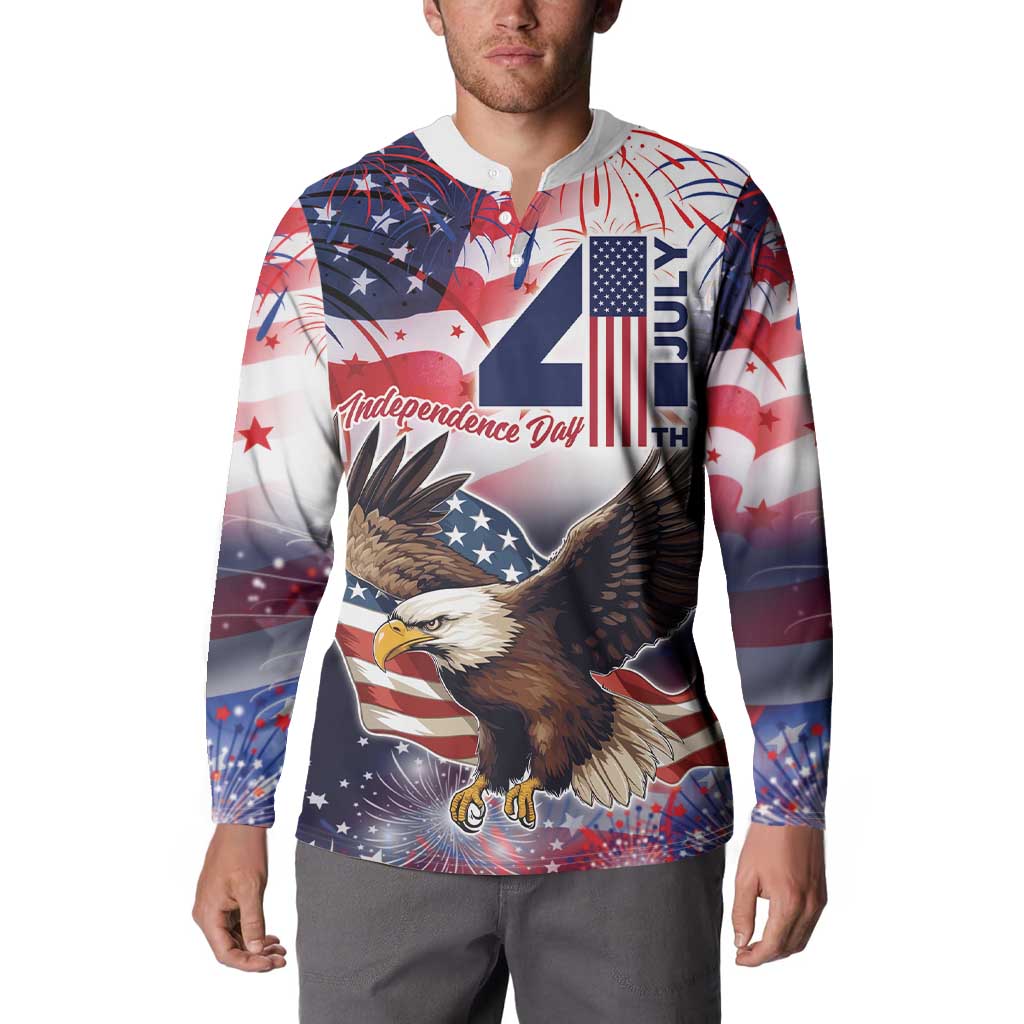 Men's button sweatshirt on model with USA eagle graphic and patriotic red blue white design