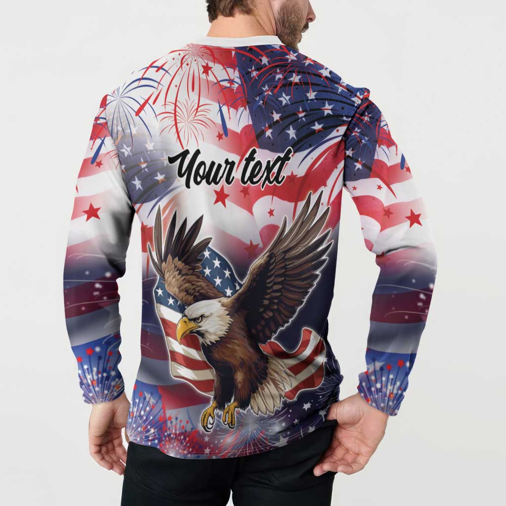 Men's button sweatshirt back on model with 'Your text' and USA eagle, stars, fireworks