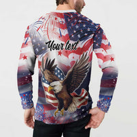 Men's button sweatshirt back on model with 'Your text' and USA eagle, stars, fireworks