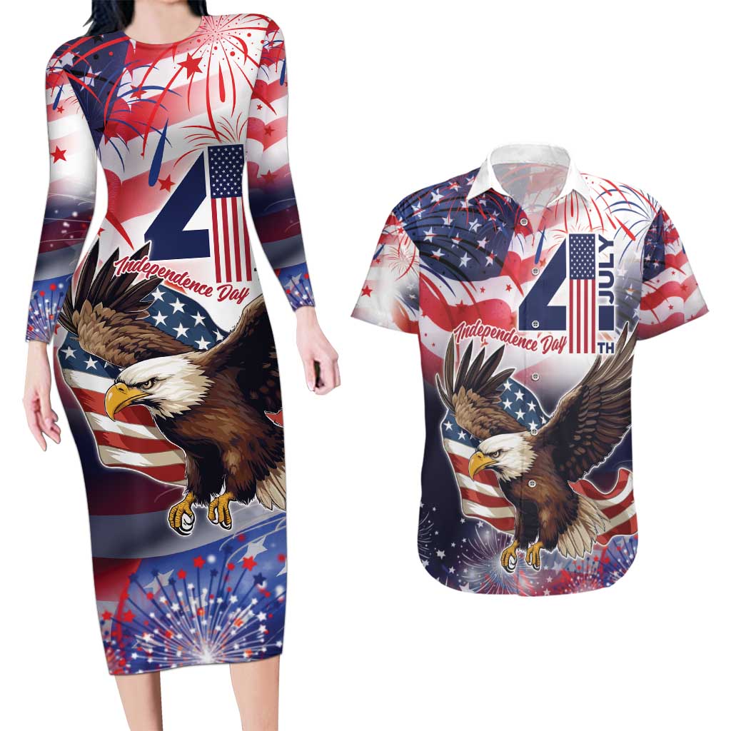 Personalized American Eagles 4th of July Couples Matching Long Sleeve Bodycon Dress and Hawaiian Shirt USA Independence Day LT9 - Wonder Print Shop