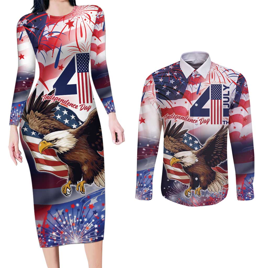 Personalized American Eagles 4th of July Couples Matching Long Sleeve Bodycon Dress and Long Sleeve Button Shirt USA Independence Day LT9 - Wonder Print Shop