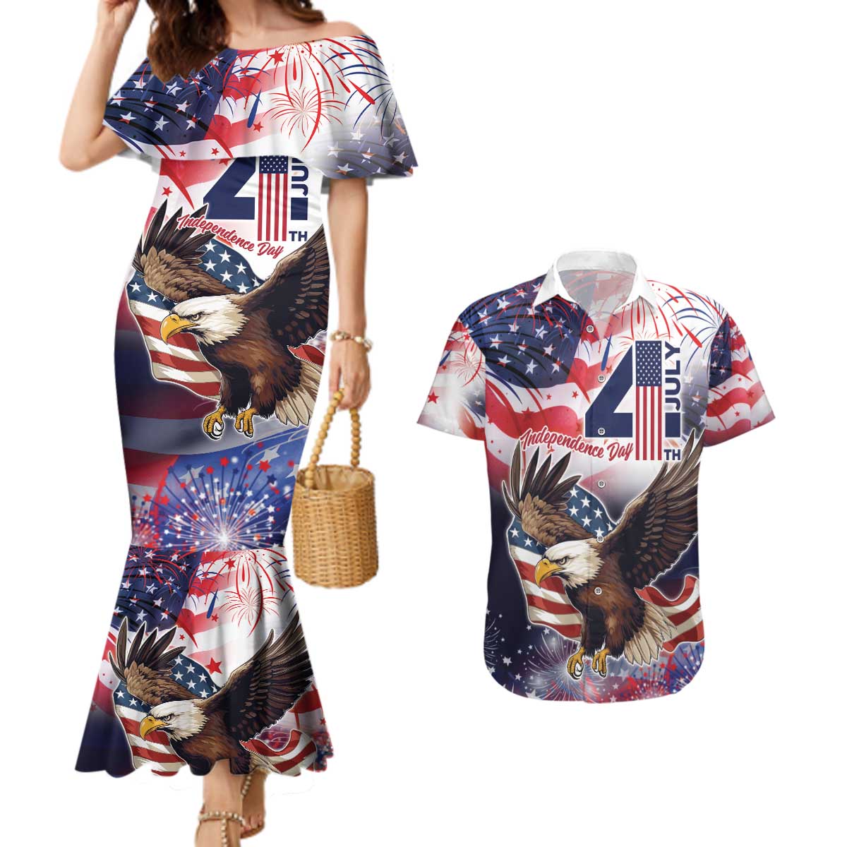 Personalized American Eagles 4th of July Couples Matching Mermaid Dress and Hawaiian Shirt USA Independence Day LT9 - Wonder Print Shop