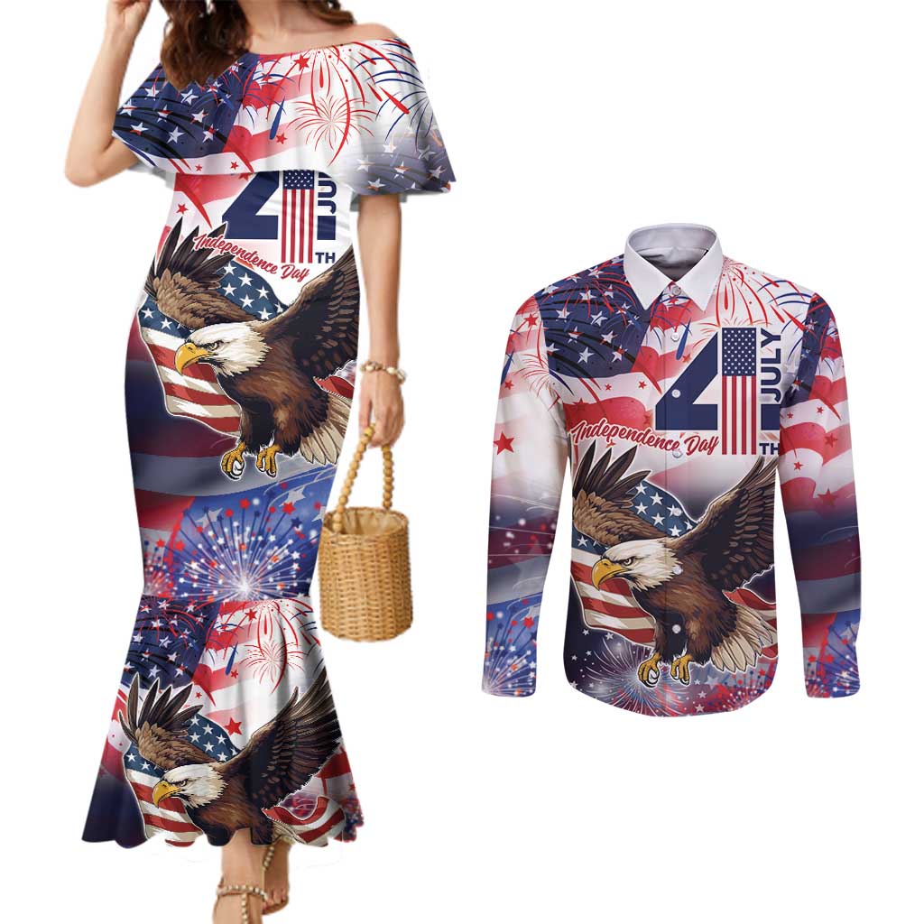 Personalized American Eagles 4th of July Couples Matching Mermaid Dress and Long Sleeve Button Shirt USA Independence Day