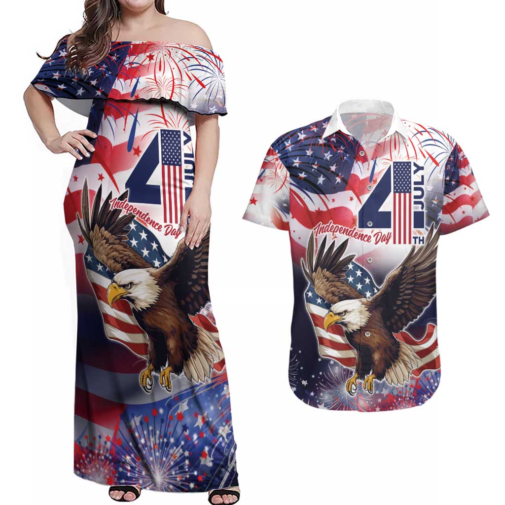 Personalized American Eagles 4th of July Couples Matching Off Shoulder Maxi Dress and Hawaiian Shirt USA Independence Day LT9 - Wonder Print Shop