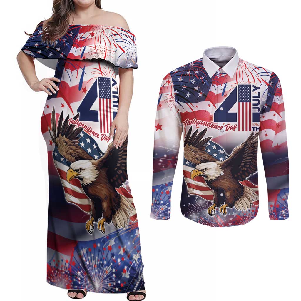 Personalized American Eagles 4th of July Couples Matching Off Shoulder Maxi Dress and Long Sleeve Button Shirt USA Independence Day LT9 - Wonder Print Shop