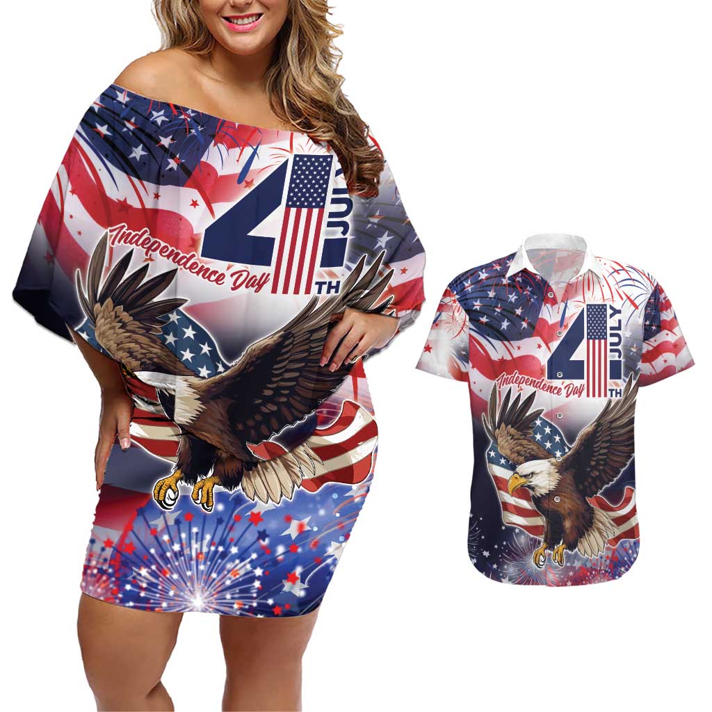 Personalized American Eagles 4th of July Couples Matching Off Shoulder Short Dress and Hawaiian Shirt USA Independence Day LT9 - Wonder Print Shop