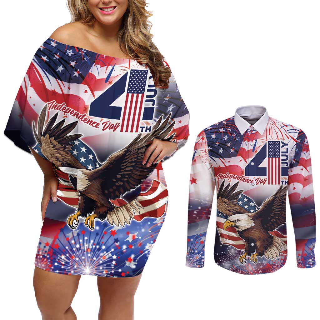 Personalized American Eagles 4th of July Couples Matching Off Shoulder Short Dress and Long Sleeve Button Shirt USA Independence Day LT9 - Wonder Print Shop