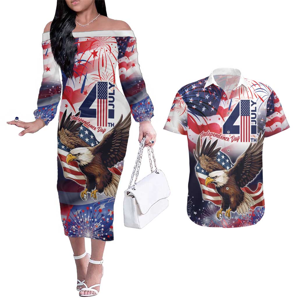 Personalized American Eagles 4th of July Couples Matching Off The Shoulder Long Sleeve Dress and Hawaiian Shirt USA Independence Day LT9 - Wonder Print Shop