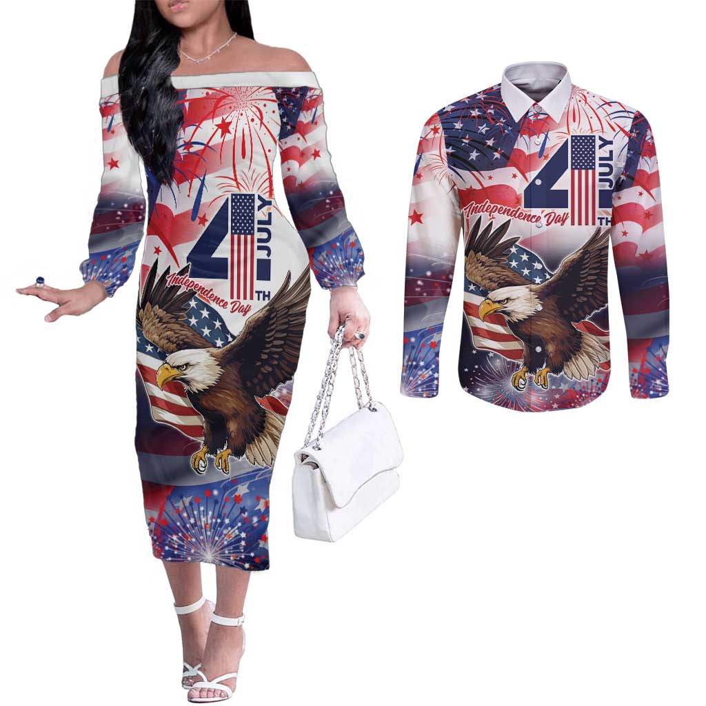 Personalized American Eagles 4th of July Couples Matching Off The Shoulder Long Sleeve Dress and Long Sleeve Button Shirt USA Independence Day