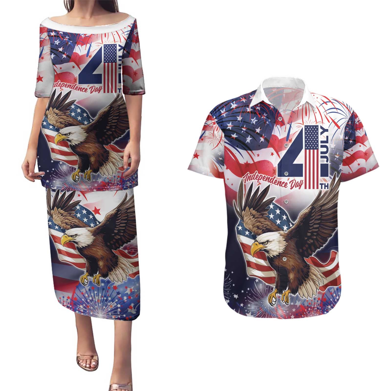 Personalized American Eagles 4th of July Couples Matching Puletasi and Hawaiian Shirt USA Independence Day LT9 - Wonder Print Shop