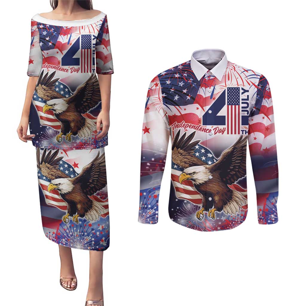 Personalized American Eagles 4th of July Couples Matching Puletasi and Long Sleeve Button Shirt USA Independence Day LT9 - Wonder Print Shop