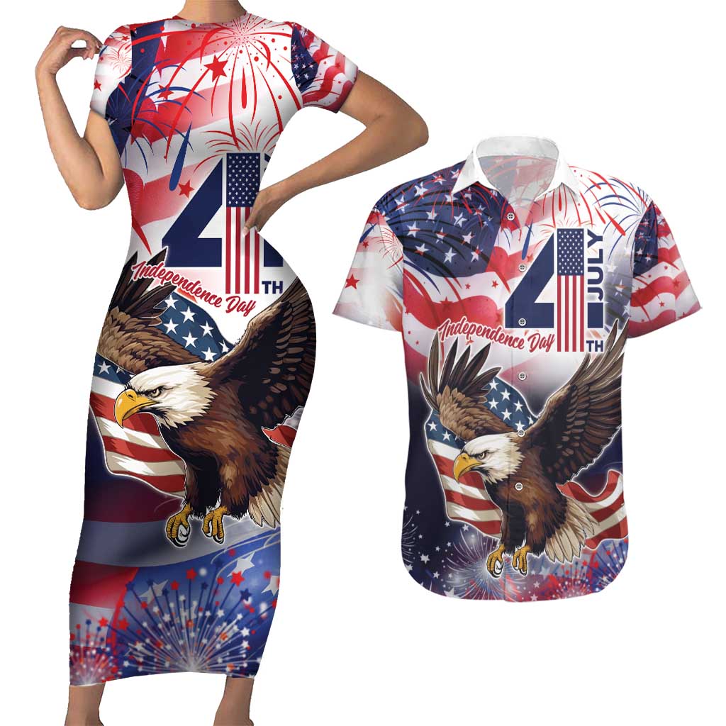 Personalized American Eagles 4th of July Couples Matching Short Sleeve Bodycon Dress and Hawaiian Shirt USA Independence Day LT9 - Wonder Print Shop