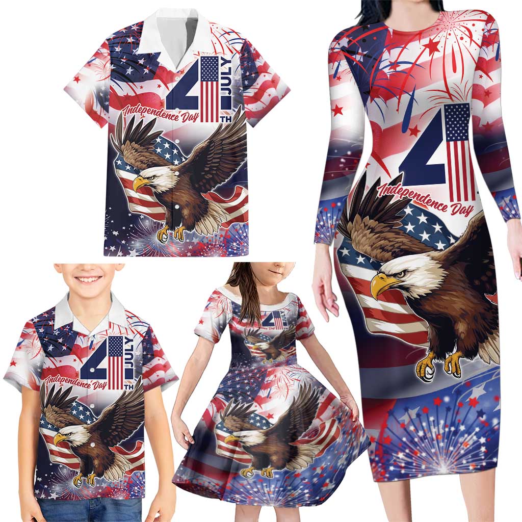 Personalized American Eagles 4th of July Family Matching Long Sleeve Bodycon Dress and Hawaiian Shirt USA Independence Day LT9 - Wonder Print Shop