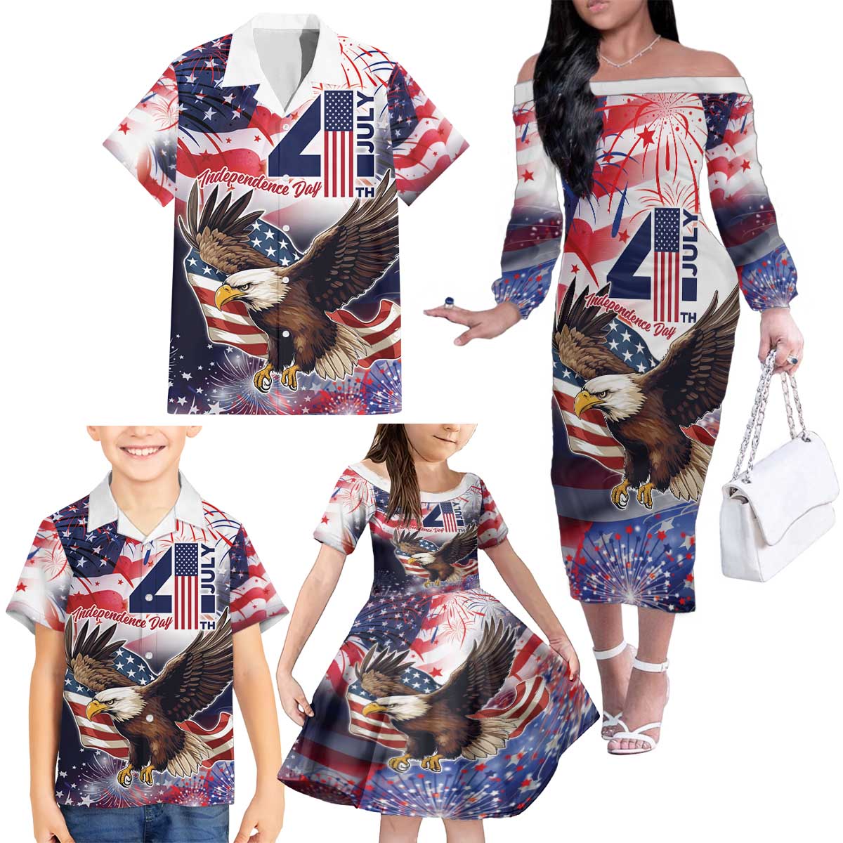 Personalized American Eagles 4th of July Family Matching Off The Shoulder Long Sleeve Dress and Hawaiian Shirt USA Independence Day - Wonder Print Shop