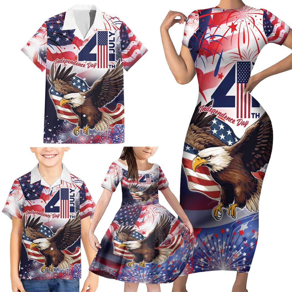 Personalized American Eagles 4th of July Family Matching Short Sleeve Bodycon Dress and Hawaiian Shirt USA Independence Day - Wonder Print Shop