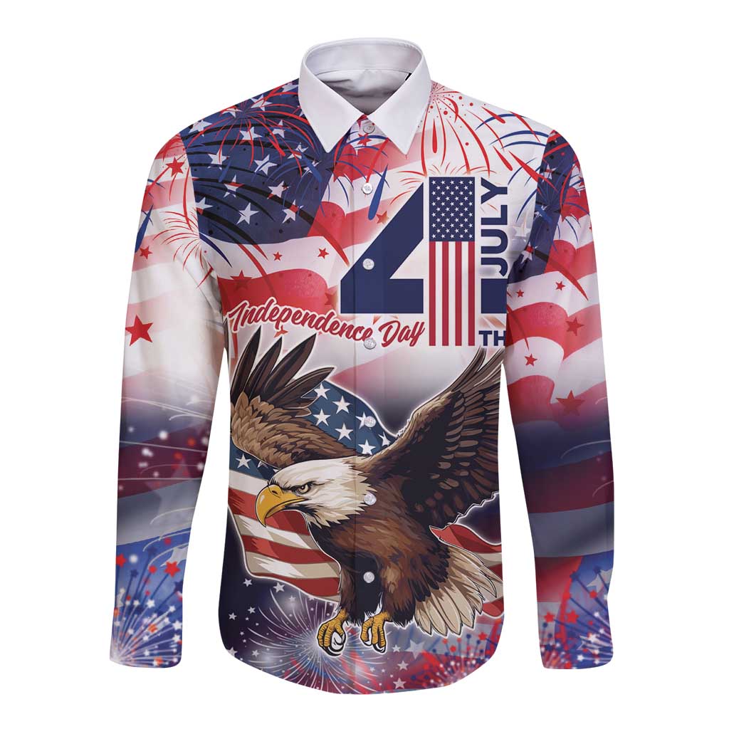 Unisex long-sleeve button shirt with eagle graphic, USA flag stripes and Independence Day text