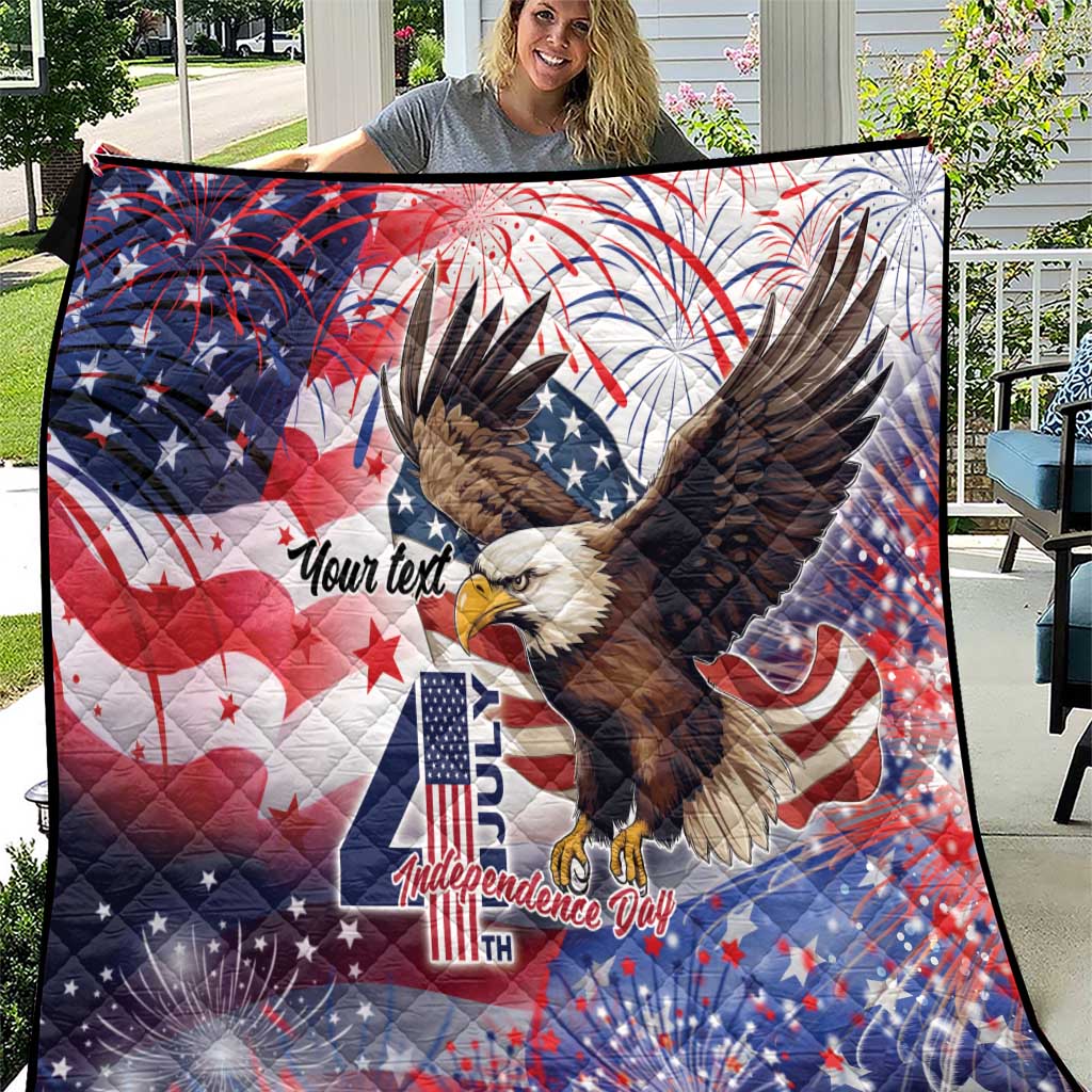Patriotic quilt with eagle and American flag motif, fireworks and stars in red, white, blue